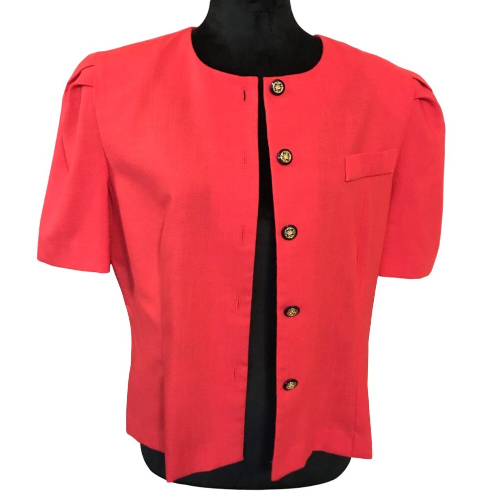 Pleated Short-Sleeved Jacket Vintage 80s Red Blazer Worthington Size 12P